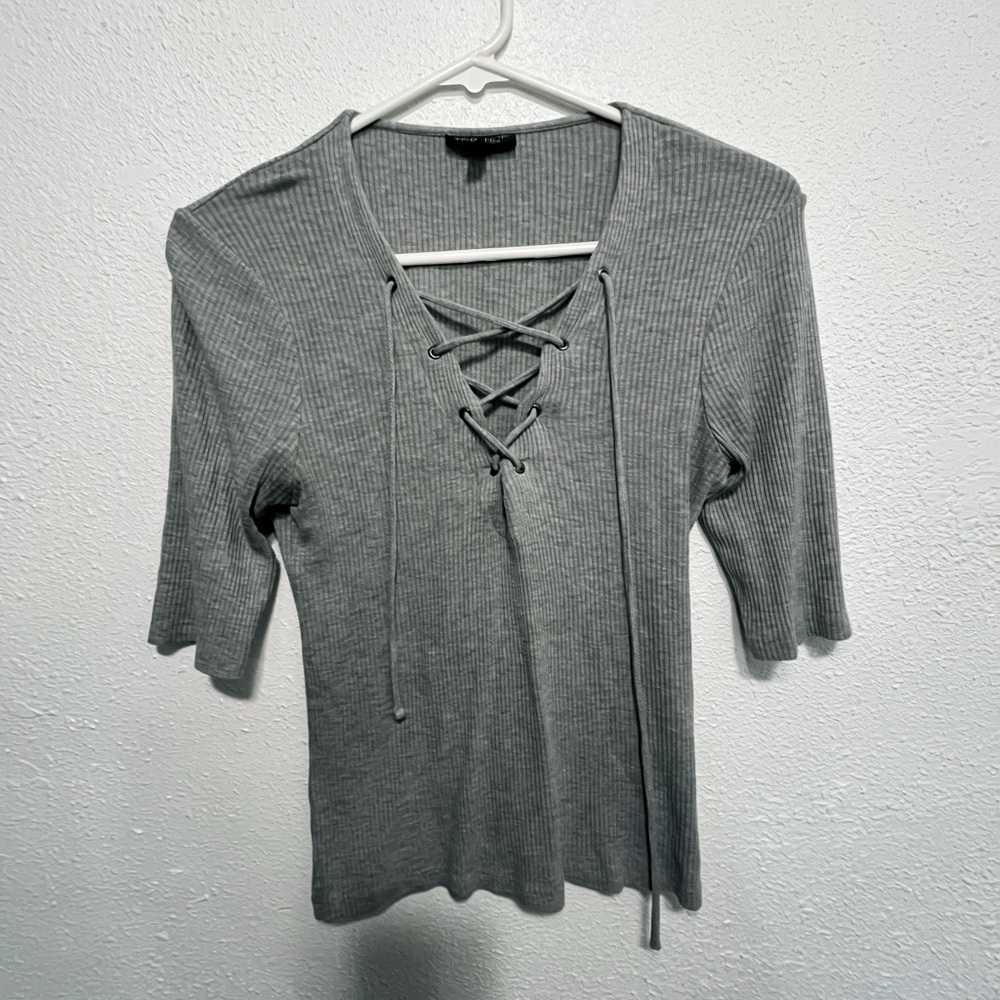 Topshop Gray Ribbed Lace-Up Short Sleeve Top
